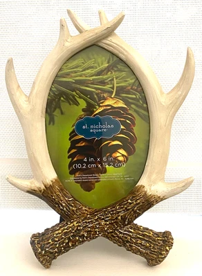 Marco de fotos 4x6 de bosque rústico astas de ciervo imitación San Nicolás beige y marrón Foto 1 de 4