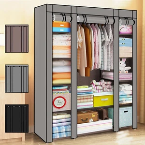 PRACTICAL FABRIC CANVAS WARDROBE HANGING RAIL SHELVING CLOTHES STORAGE CUPBOARD - Picture 1 of 20