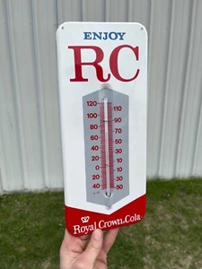 c.1950s Original Vintage Enjoy RC Cola Sign Metal Thermometer Royal Crown Clean! - Picture 1 of 11