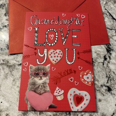 情人节孙女爱你可爱猫 5.5“x8” 标志贺卡 — 第 1/4 张图片