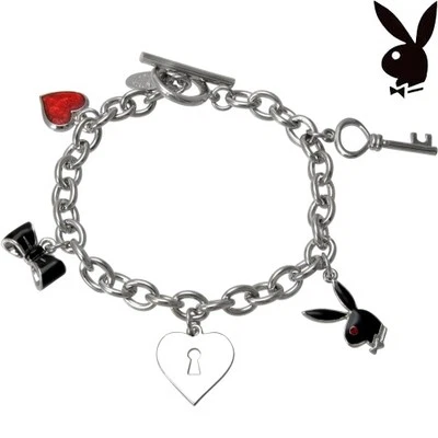 Playboy Bracelet Bunny Charm Heart Lock Key Bow Tie Black Red Link Play Boy y2k - Image 1 of 4