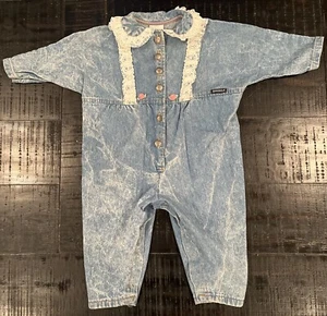 Denim Romper Infant Jumper Vintage One Piece Outfit 18 Months Pink Flowers Lace - Picture 1 of 21
