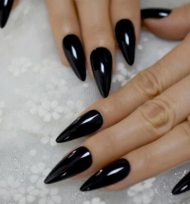 24pcs Glossy Black Stiletto Shape Press On Nails Fake Nails with glue all sizes - Image 1 of 3