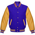 Letterman Baseball Bomber varsity Jacket Royal Blue Wool & Gold Leather Sleeves