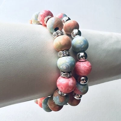 Viva бисер коренастый Серебряная глина ручной работы набор из двух эластичных браслетов новый с Ярлыками - Изображение 1 из 2