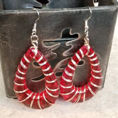 Retro 80s Disco Statement Red Lucite Open Teardrop Wire Wrapped Earrings - Image 1 of 4