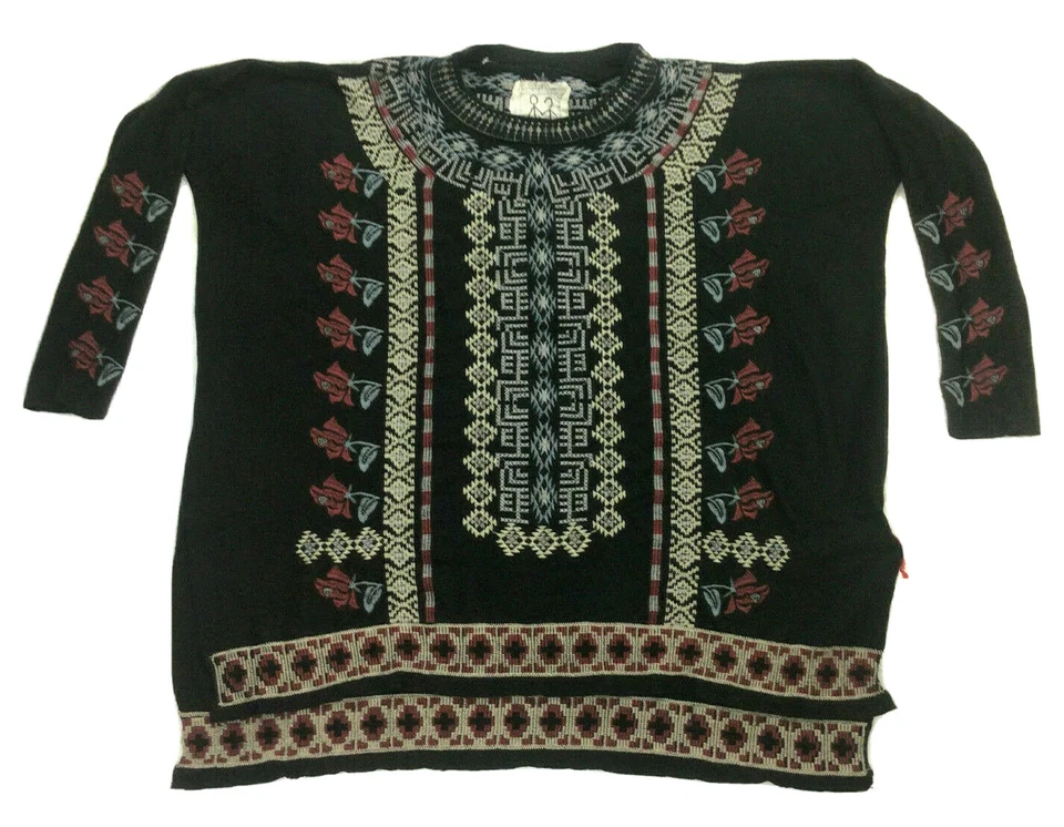 Suéter Johnny Was bordado preto oversized túnica gola redonda ajuste relaxado tamanho P - Imagem 1 de 4