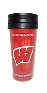 Taza de café vaso de viaje Wisconsin Badgers NCAA 14 oz envoltura completa NUEVO - Imagen 1 de 9