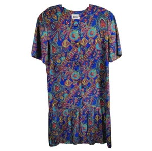 Vintage Leslie Fay Dress Plus Size 16 Blue Paisley Satin Button Front Peplum - Picture 1 of 5