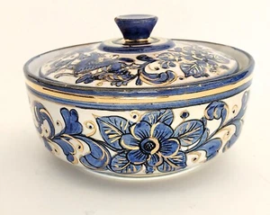 Vintage Italy pottery covered dish blue white bird deer floral boho folk art - Picture 1 of 14