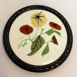 Vintage runde Keramik Floral 6" Fliese mit Filz Rückseite am Metall "Spiegel" Rahmen - Bild 1 von 11
