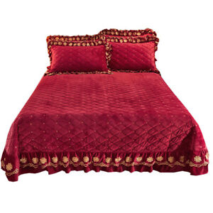 Embroidered Thick Crystal Velvet Bedspread Set Quilted Queen King Size Coverlets