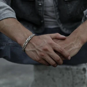 Men Vintage Open Bangle Twisted Cuff Sterling Silver 925 Bracelet Thai Handmade - Picture 1 of 20