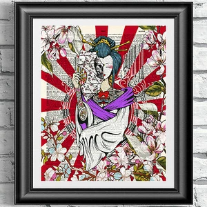 Página de libro de diccionario impreso página de tatuaje japonés niña geisha cartel de arte decoración de pared - Imagen 1 de 3