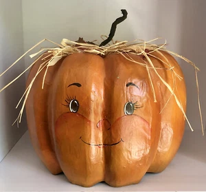 VTG Handmade Paper Mache Pumpkin Smiling Face Thanksgiving Farmhouse Retro Decor - Picture 1 of 11