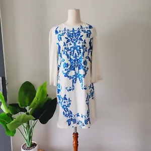 TED BAKER Cream Blue Print 3/4 Sleeve Shift Dress Lined - Size 1 AUS 8 - Picture 1 of 8