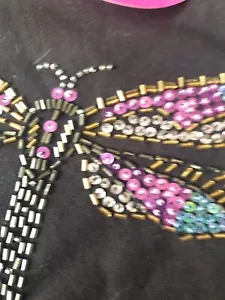 BNWTS QvC Quacker Factory BEADED DRAGONFLY TOP 3/4 SLEEVED BLACK size SMALL 14 - Picture 1 of 21