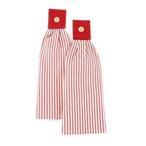 Red Ticking Stripe Hanging Kitchen Towels Set of 2 - Picture 1 of 2