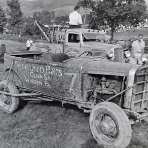 Vintage B&W Snapshot Photo Tow Truck Dirt Track Race Car Advertising Warren, PA - Picture 1 of 3