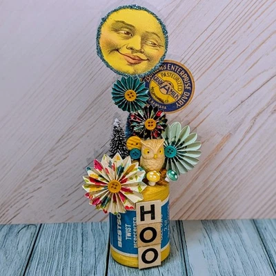 HALLOWEEN Handmade Decor Vintage Thread Spool, Anagram Letters, Owl, & Milk Cap - Image 1 of 4