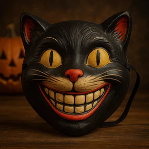 Vintage Style Halloween Cat Mask – Smiling Gray Black Cat 9"x11" – Retro Look NW - Picture 1 of 4