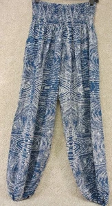 Rinjiani Blue Boho Print Smocked Waist Harem Pants Womens (No Size Tag) - Picture 1 of 10