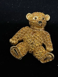 Swarovski Crystal Teddy Bear Brooch, Gold Toned Jewelry, Enamel Pin - Picture 1 of 4