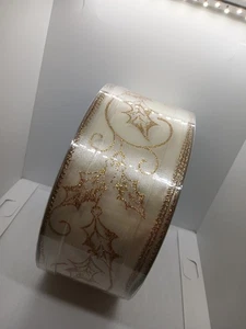 Gold Wired Ribbon Roll 2.5” X 50 Yards Floral Wreath Metallic Etching SWC - Picture 1 of 3