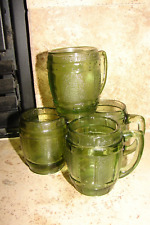 4 Vintage Green Glass Whiskey Barrel - Beer Mug Shot Glasses 2.375" Tall