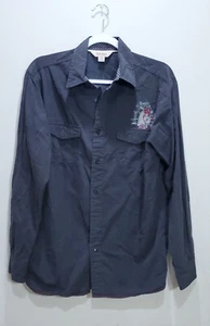 Decree Shirt Mens Medium Long Sleeve Button Up Gray Cotton Logo Printed Casual - Picture 1 of 11
