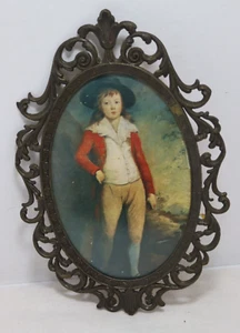 VTG Oval Brass Framed Victorian Boy Standing Picture 8x5.5" Made in Italy - Picture 1 of 5