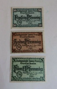Tanna 3 Banknoten 5 + 10 + 50 Pfennig 1920 ausgabefrisch (71057) - Picture 1 of 7