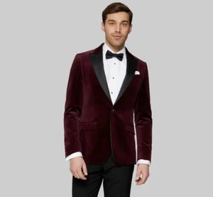 Classic Mens One Button Slim Fit Velvet Blazer Casual Business Burgundy Jacket - Picture 1 of 4