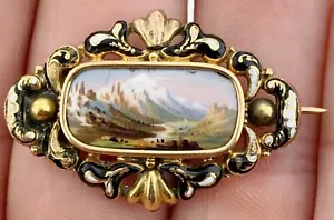 19. Jahrhundert Schweizer Emaille ~ Alpen Berge Szene ~ Brosche Pin in 14Kt Gold Rahmen ~ WOW - Bild 1 von 5