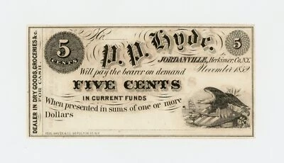 1852 5c P.P. Hyde - Jordanville, NEW YORK Merchant Scrip AU - Image 1 of 2