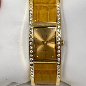 Kenneth Jay Lane KJL Tank Watch Women 20mm Gold Tone Pave Cuff New Battery 6.75" - Picture 1 of 15
