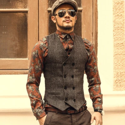 S-10XL Men's Vest Tweed Business Formal Vest Slim Casual Herringbone Waistcoats - Image 1 of 4