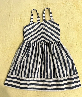 Carter's 女孩连衣裙亚麻混纺条纹白色和蓝色 5T 码 — 第 1/4 张图片