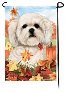 Falling Leaves Garden Flag - White Lhasa Apso - Picture 1 of 1