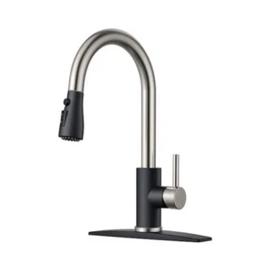Androme 1 Handle Pull Down Kitchen Sink Faucet Deckplate Gooseneck Nickel Black - Picture 1 of 12