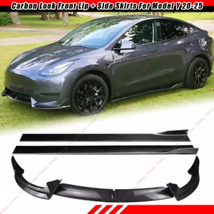 For Tesla Model Y 20-25 Carbon Style ABS Front Bumper Lip Spoiler + Side Skirts - Picture 1 of 21