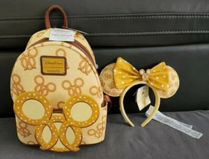 Disney Mickey Mouse Pretzel Scented Loungefly Backpack & Minnie Ears Headband - Picture 1 of 7