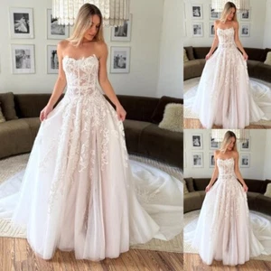 Blush Pink Wedding Dresses Sweetheart Lace Appliques Sweep Train Bridal Gowns - Picture 1 of 10