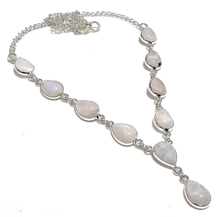 Collar de joyería de plata de ley 925 hecho a mano con piedras preciosas de luna arco iris talla 18" Foto 1 de 1