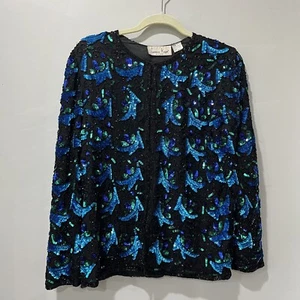 VTG Laurence Kazar SEQUIN Beaded EVENING SILK JACKET Women's S Blue Black - Picture 1 of 5