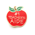 Red Apple #1 Teachers AIDE Pin Gold Tone Green Leaves School Lapel Education