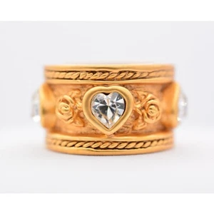 Elizabeth Taylor Vintage Ring Size 5 Brushed Gold Rhinestone Crystal Heart RARE - Picture 1 of 12