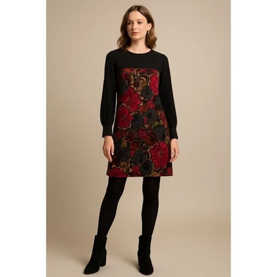 Vestido Trina Turk Seda Cambio Talla 8 Estampado Floral Negro Manga Larga Retro Mod Chic Foto 1 de 4