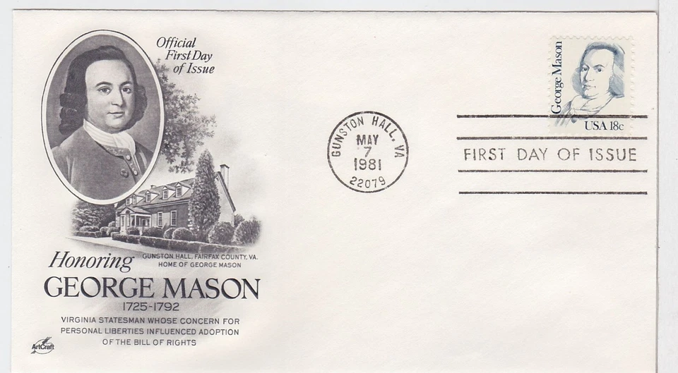 TurtlesTradingPost- George Mason- 1981 #1858 FDC- Artcraft Cachet - Image 1 of 1