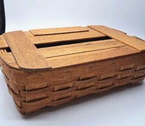 Vintage Nähkorb aus gespaltenem Holz geflochten Klappdeckel Handarbeit Futter - Bild 1 von 8